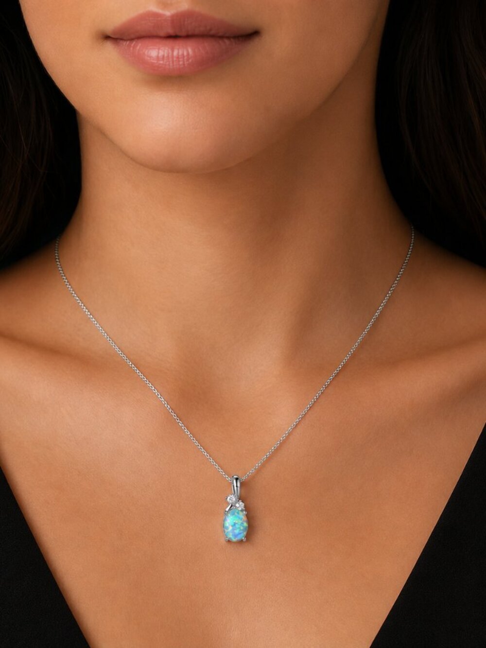NEW 14k White Gold Blue Fire Opal Necklace Opal Pendant Necklace